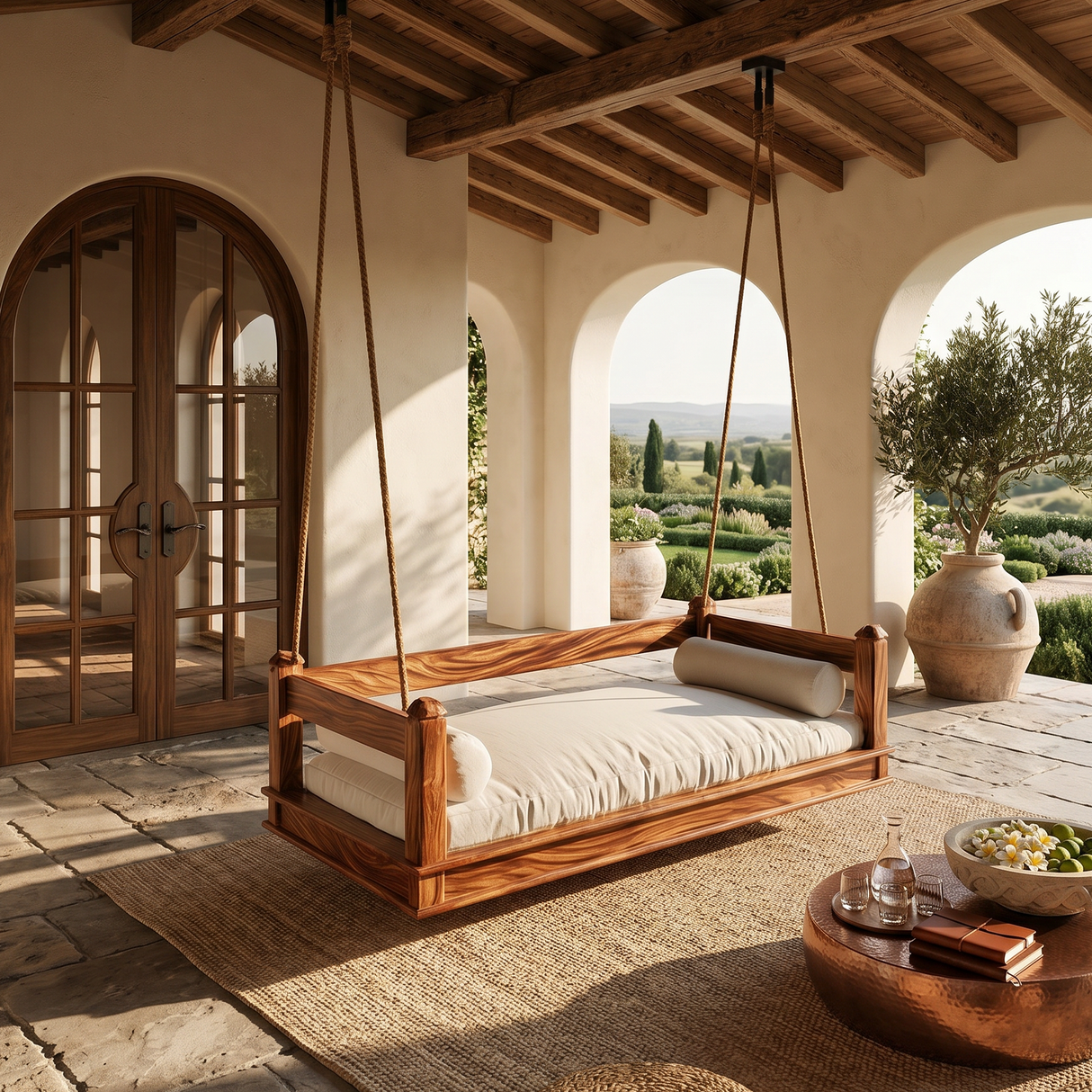 Mediterranean Wooden Hanging Daybed Swing Luxury Villa Patio