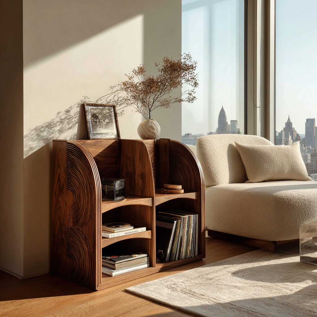 Modern Natural Wood Double-Arch Magazine Rack For Living Room