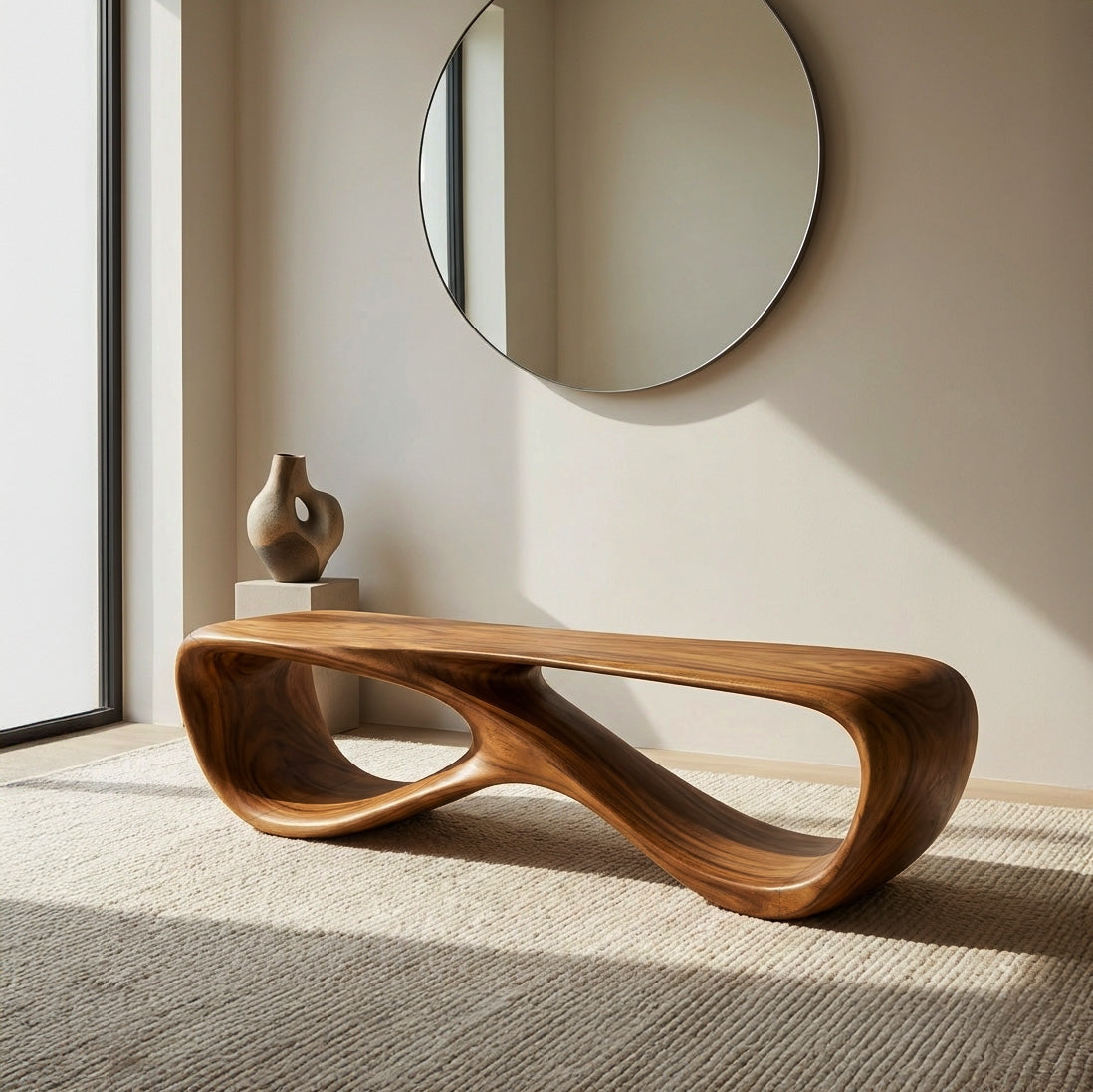 Minimalist Sculptural Wooden Bench For Entryway Decor