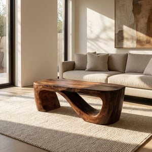 Minimalist Natural Wood Coffee Table With Sculptural Form For Living