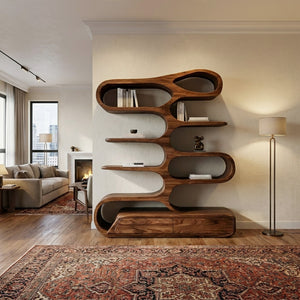 Minimalist Sculptural Bookshelf With Rounded Compartments For Reading Room