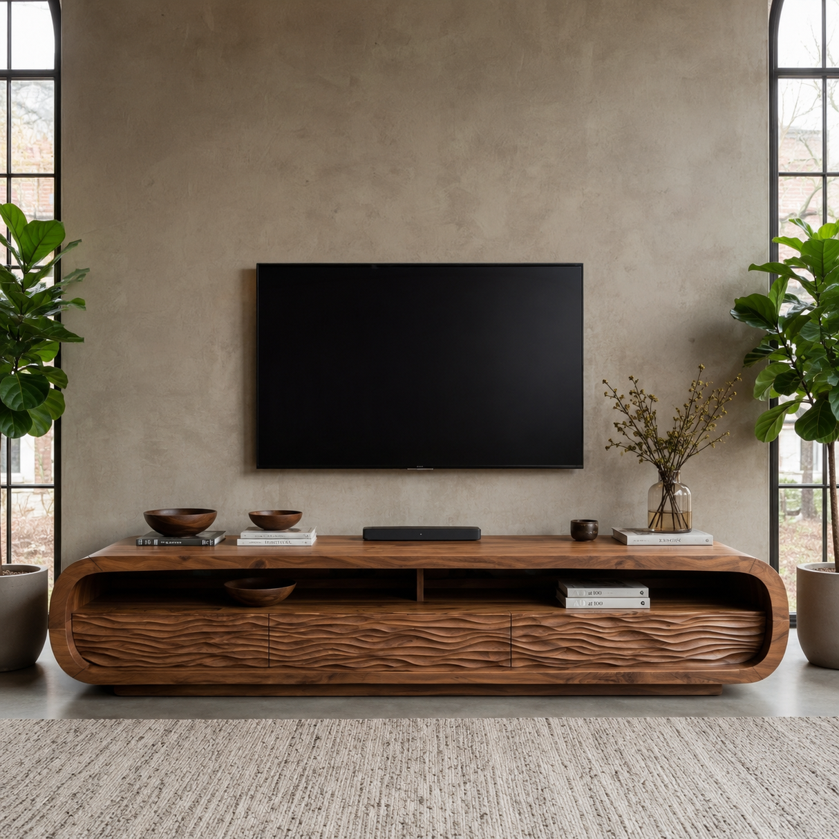 Luxury Rounded TV Console With Carved Waves For Living Room