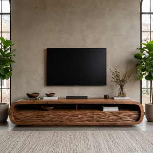 Luxury Rounded TV Console With Carved Waves For Living Room