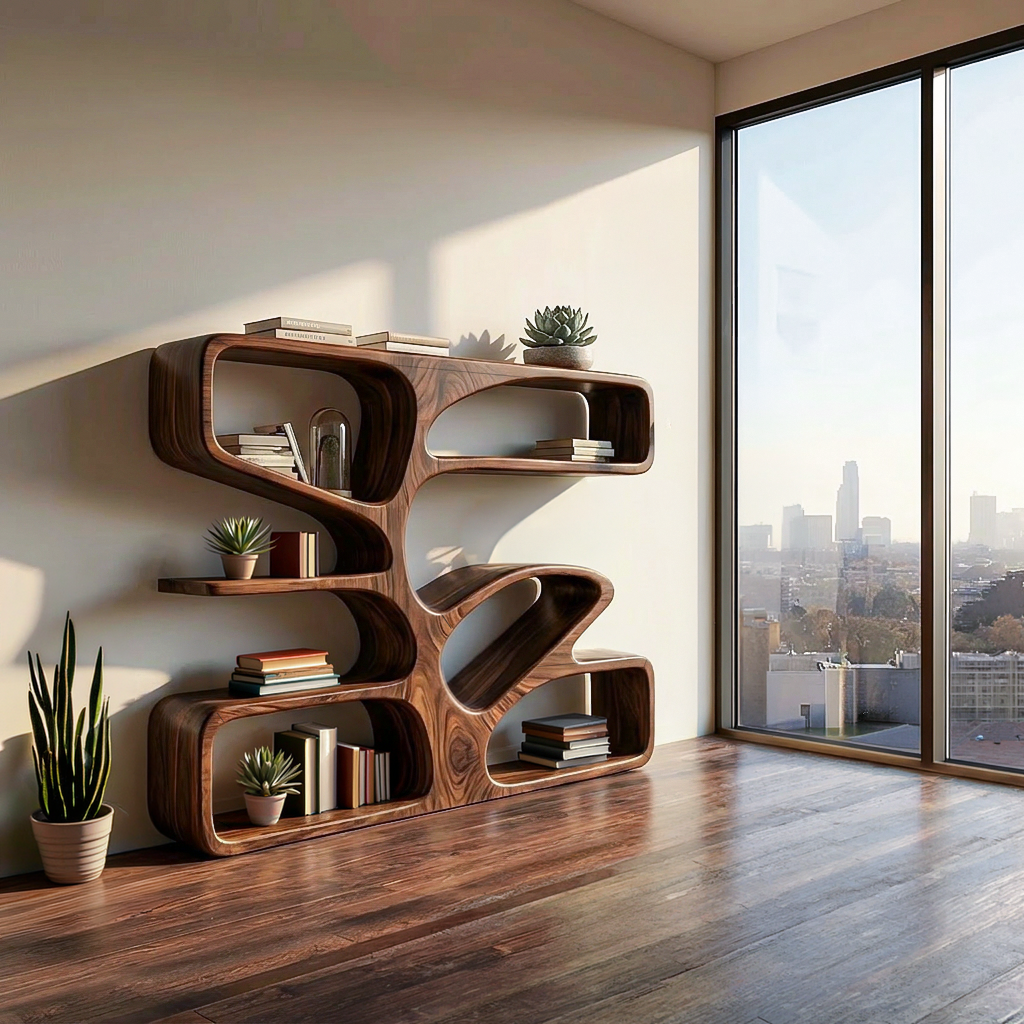 Organic Wooden Bookshelf With Sculpture Form For Home