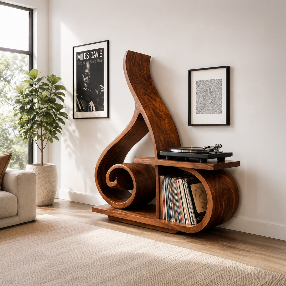 Contemporary Sculptural Wooden Record Player Stand For Living Room