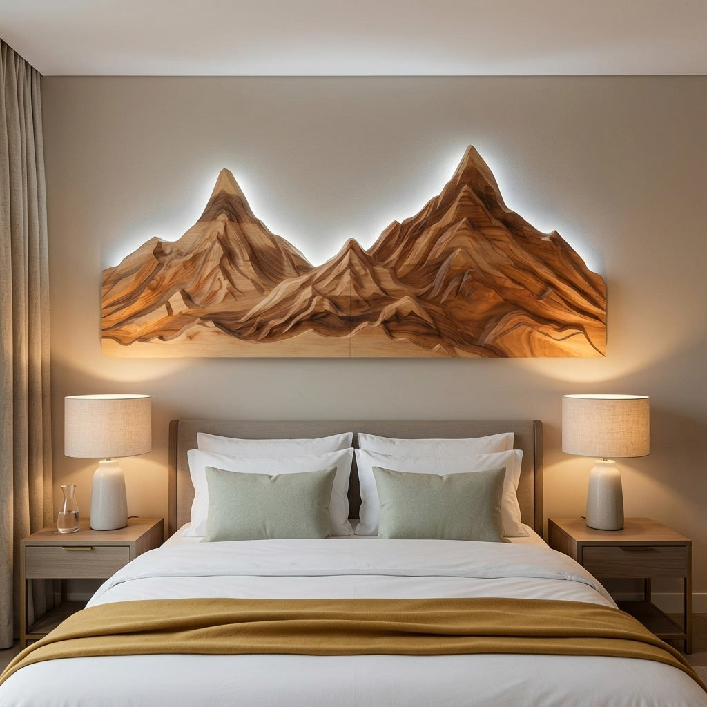 Rustic Mountain Wall Art Sculpture Hand Carved For Bedroom And