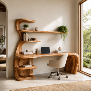 Wooden Desk With Built In Bookcase For Contemporary Workspace