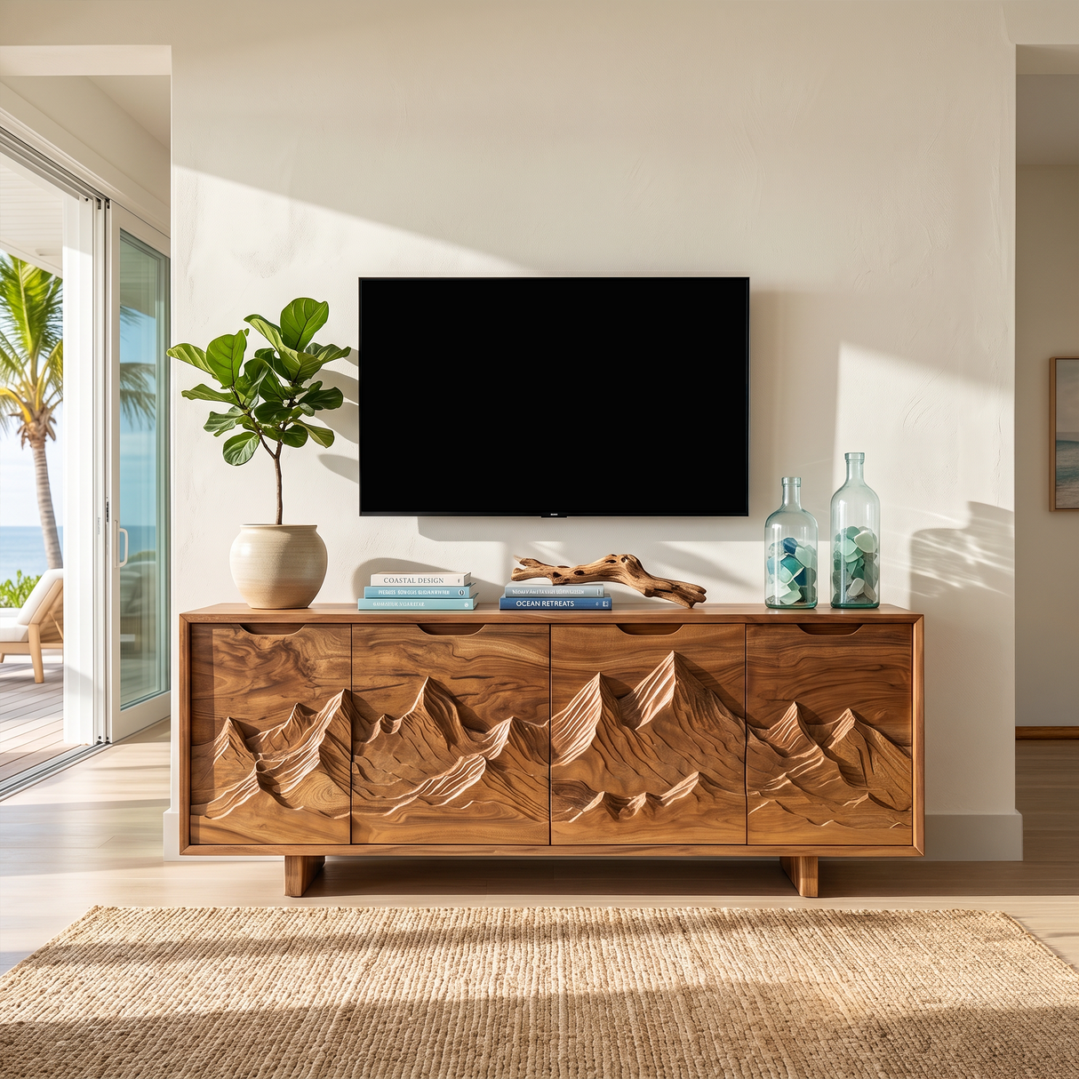 Mountain Carved Media Console For Rustic Living Room