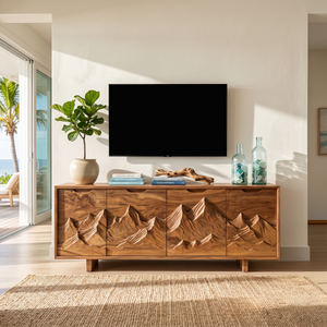 Mountain Carved Media Console For Rustic Living Room