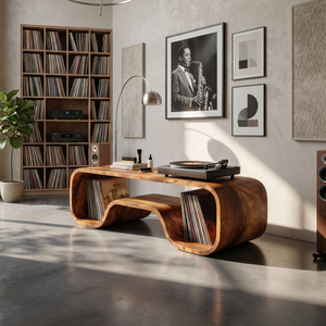 Japandi Curved Record Player Stand Audiophile Room
