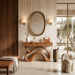 Wooden Console Table With Carved Curved Base For Contemporary Entryway