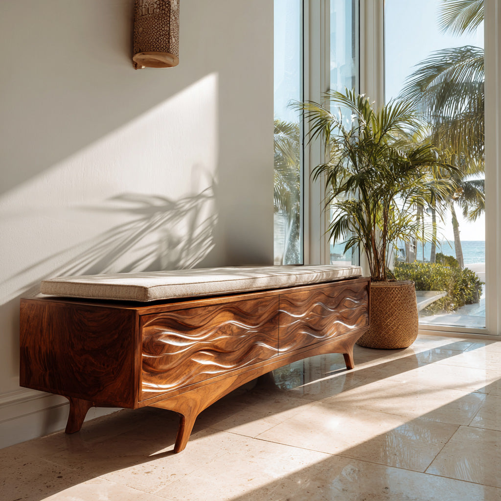 Coastal Wave Carved Storage Bench For Entryway
