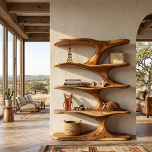 Natural Wood Bookshelf With Decorative Open Shelving For Living Room
