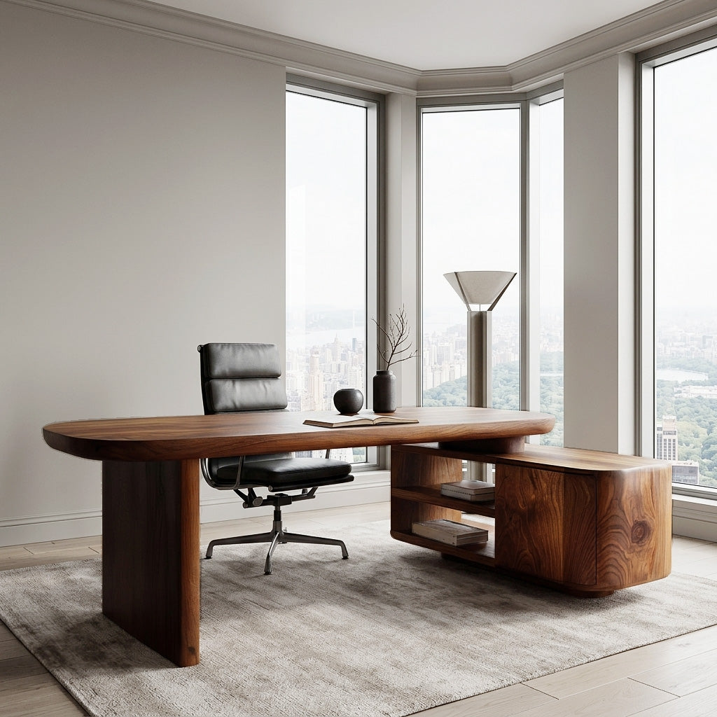 Contemporary Wooden L Desk With Rounded Form For Creative Studio