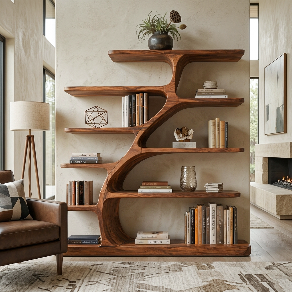 Organic Modern Bookshelf With Flowing Curves For Home Decor