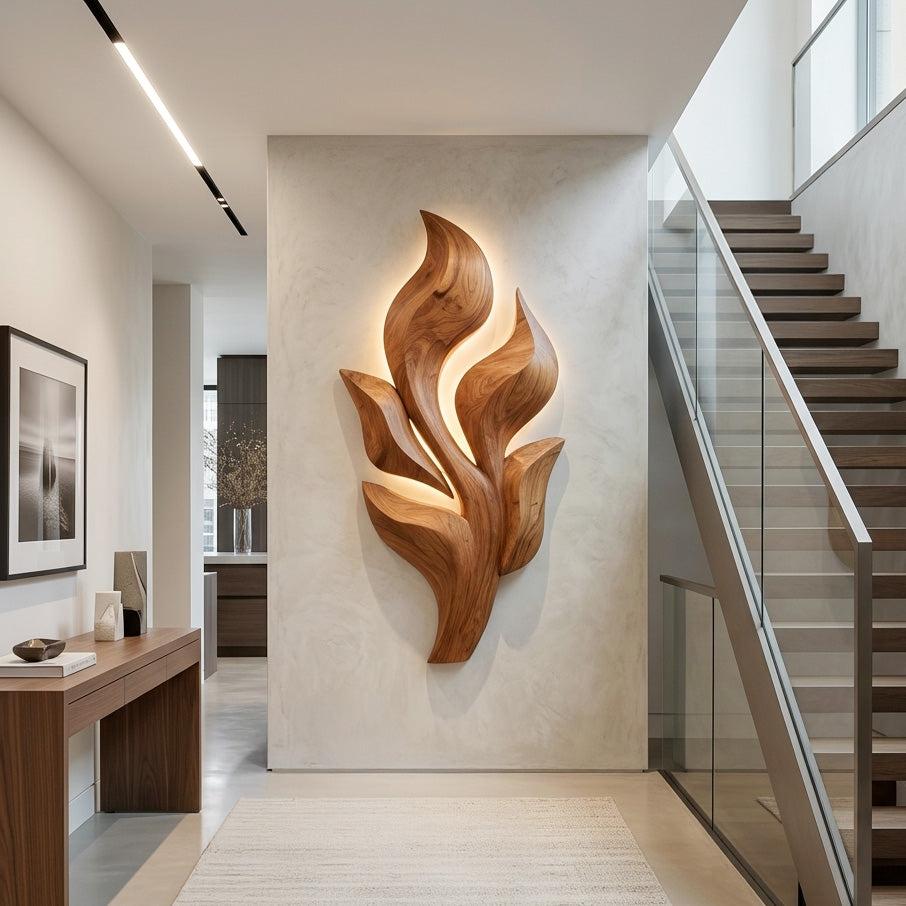 Sculptural Wooden Leaf Wall Art With Warm Light For Home