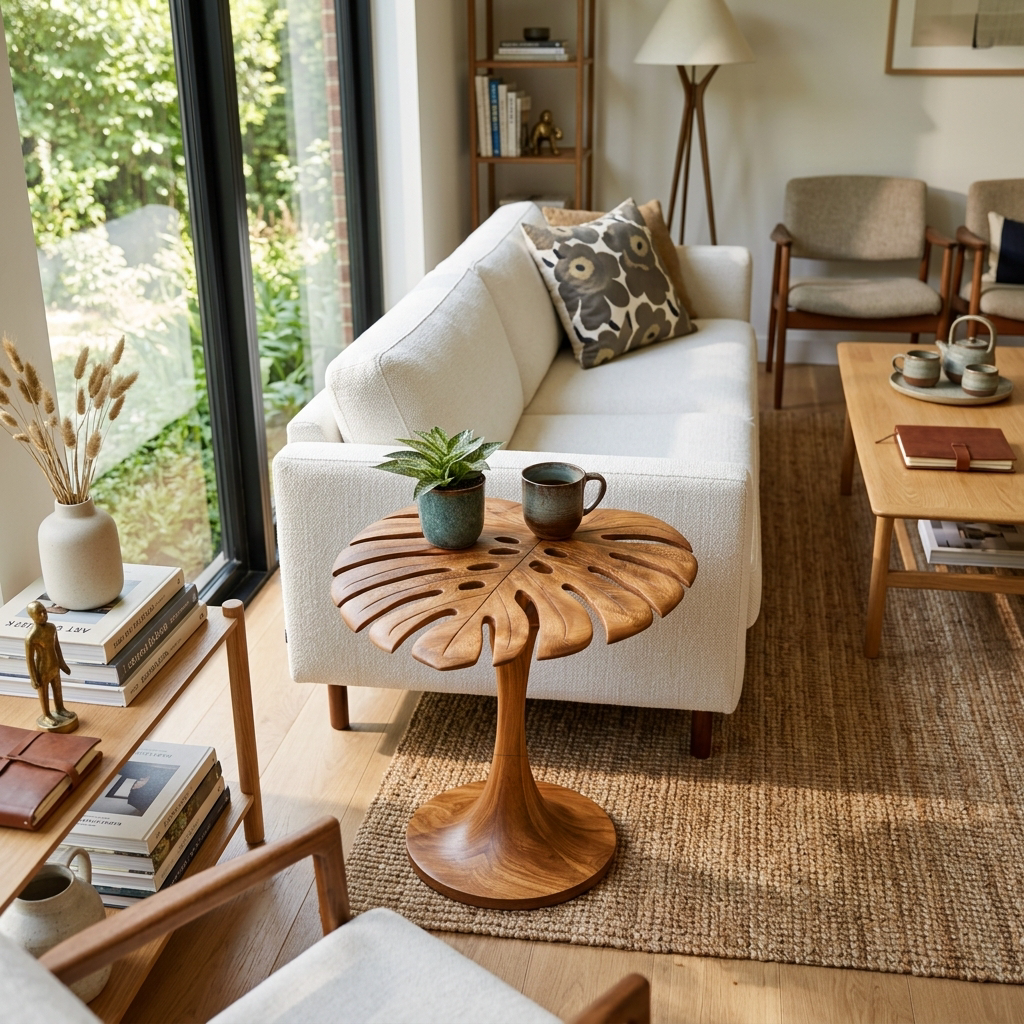 Sculptural Wood Side Table With Leaf Shape Top For Living