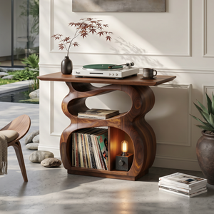 Mid Century Turntable Stand With Drawer Storage Interior