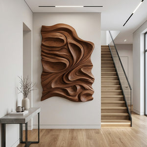 Organic Flowing Carved Wood Art Panel For Living Room