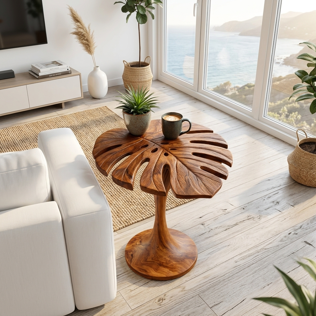 Handmade Wooden Side Table Leaf Shape Top For Sofa Side