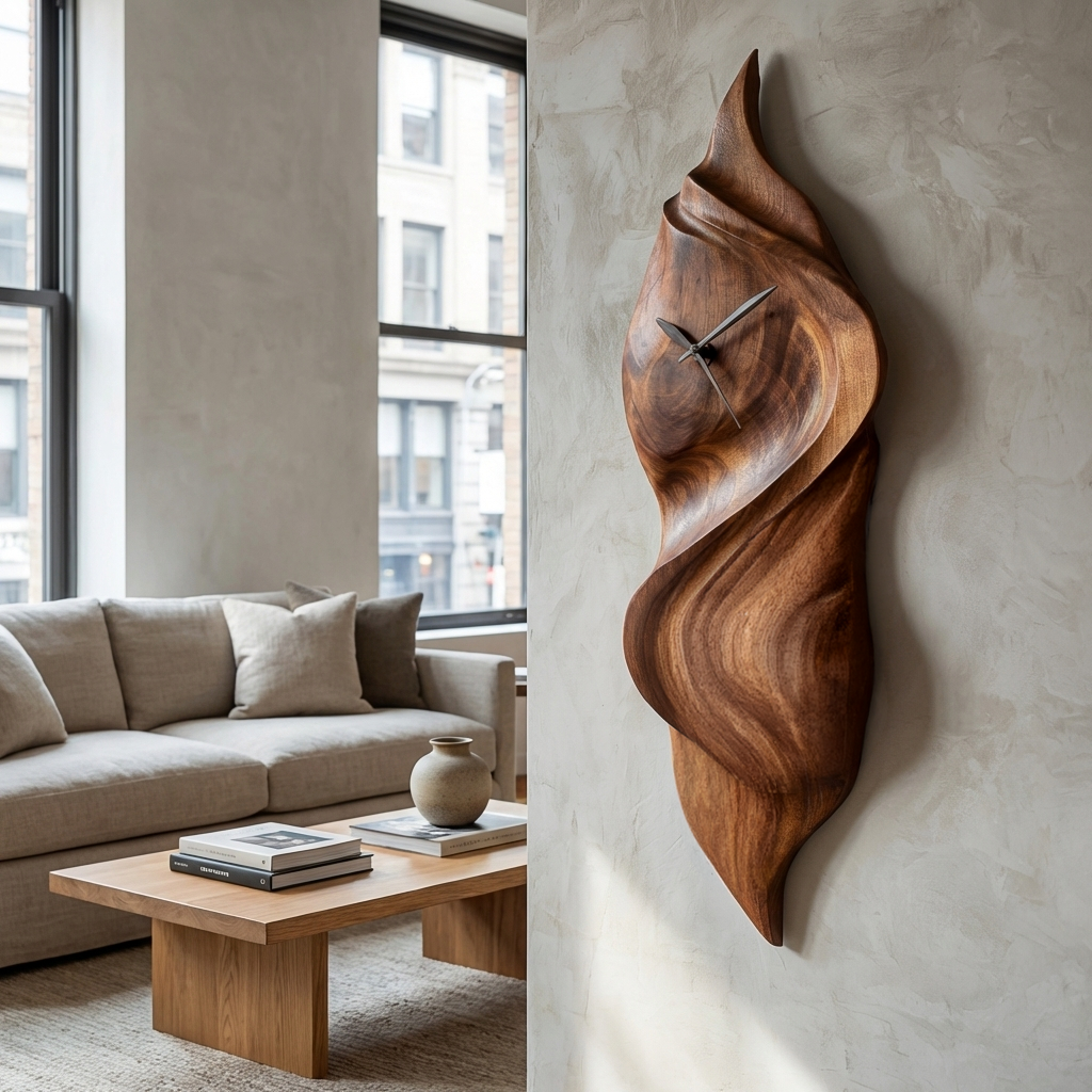 Handcrafted Sculptural Wooden Wall Clock For Cozy Bedroom