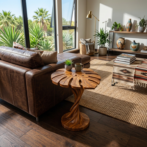 Modern Wood Side Table With Artistic Leaf Top For Living