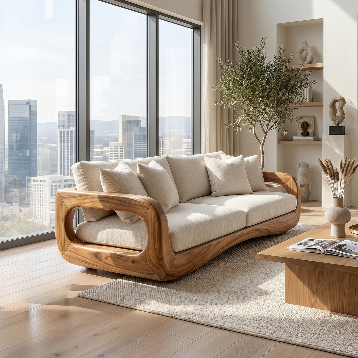 Modern Curved Wooden Sofa For Luxury Penthouse Interior Decor