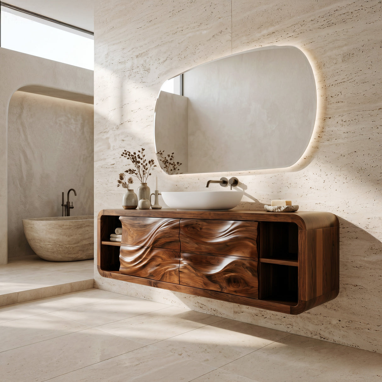 Handcrafted Floating Bathroom Cabinet With Open Shelf Sides For Bathroom