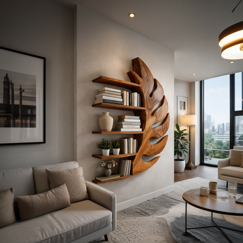 Contemporary Wooden Leaf Shape Floating Bookshelf For Home Decor