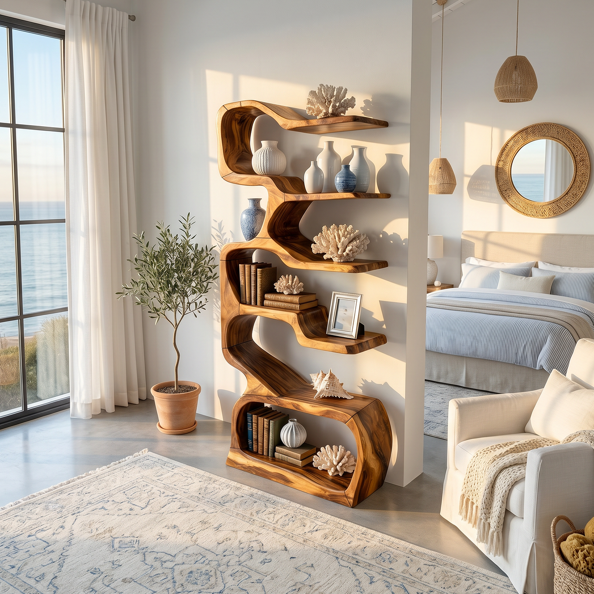 Organic Wooden Display Shelf For Coastal Living