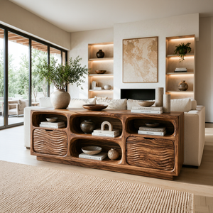 Sculptural Wooden Console Table With Shelves For Modern Living Room