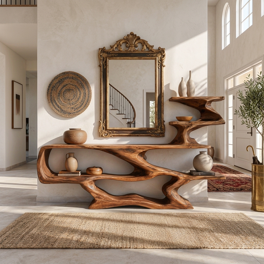 Modern Sculptural Wooden Console Table With Open Shelves For Interior
