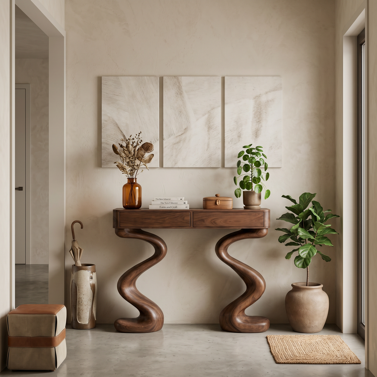 Contemporary Wood Console Table With Undulating Double Base For Home