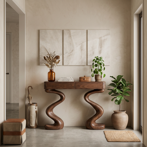 Contemporary Wood Console Table With Undulating Double Base For Home