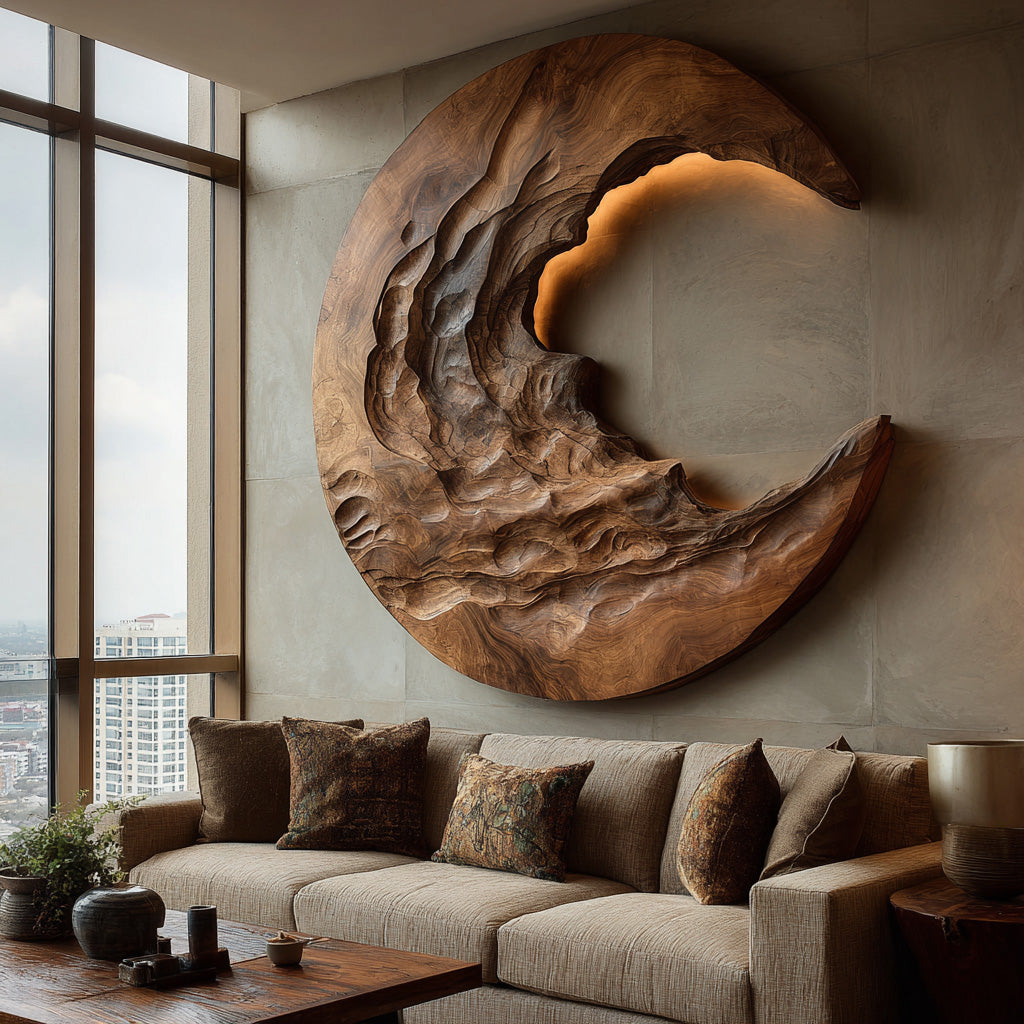 Organic Modern Crescent Wood Wall Art With Light For Living Room