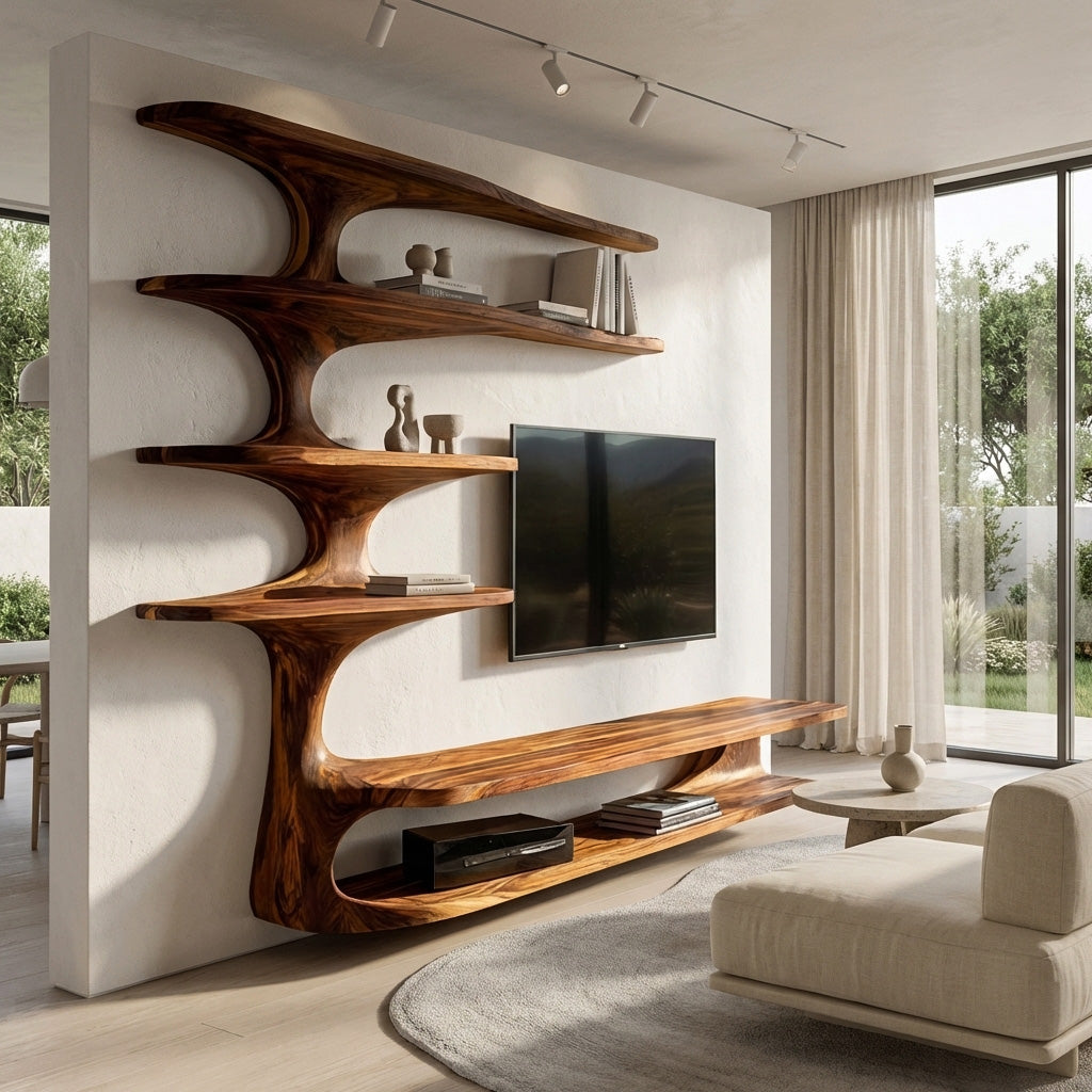Modern Natural Wood TV Console With Shelving For Living