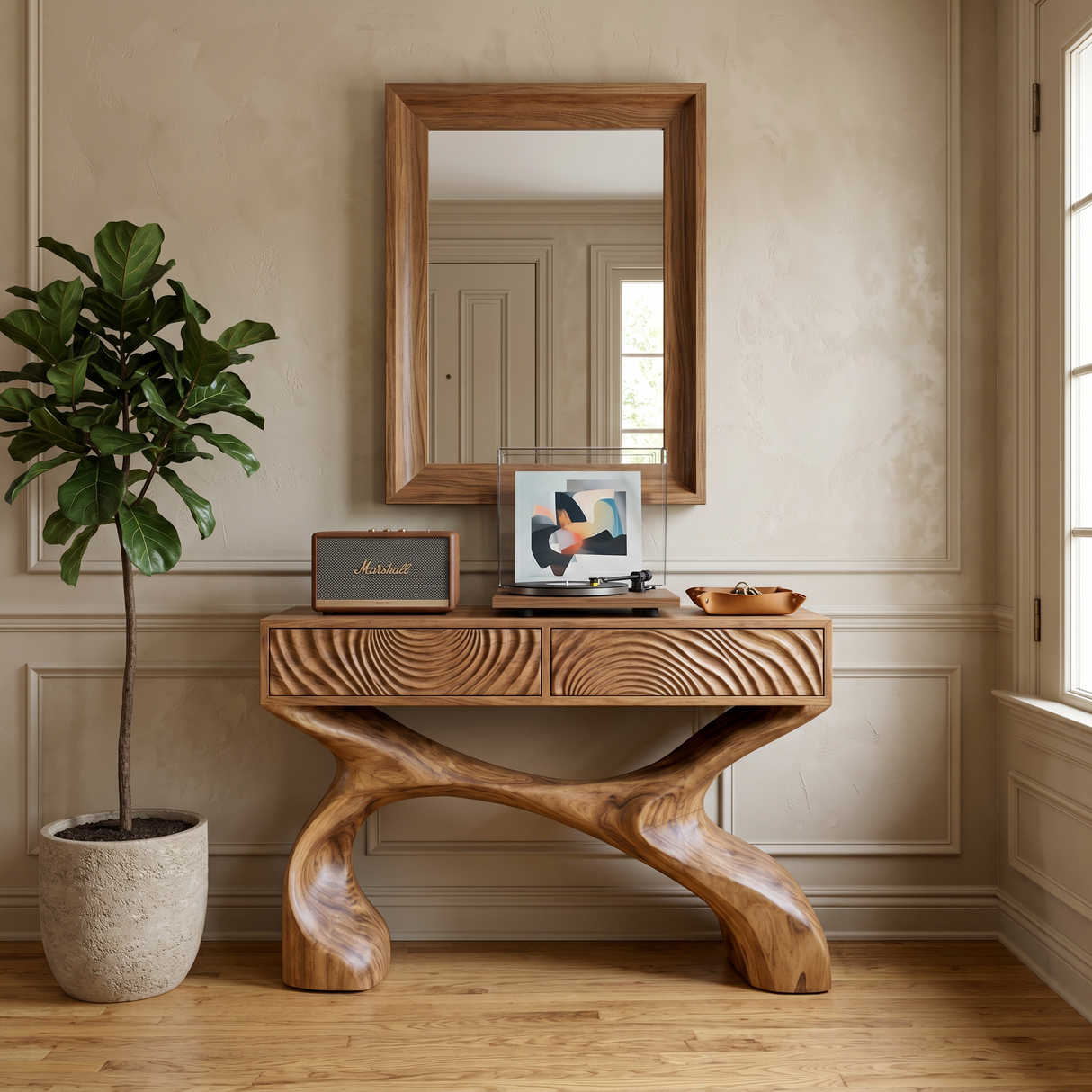 Contemporary Sculptural Wood Console Table For Hallway