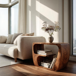 Quiet Luxury Solid Wood Side Table With Curved Design And Open Storage For Living Room