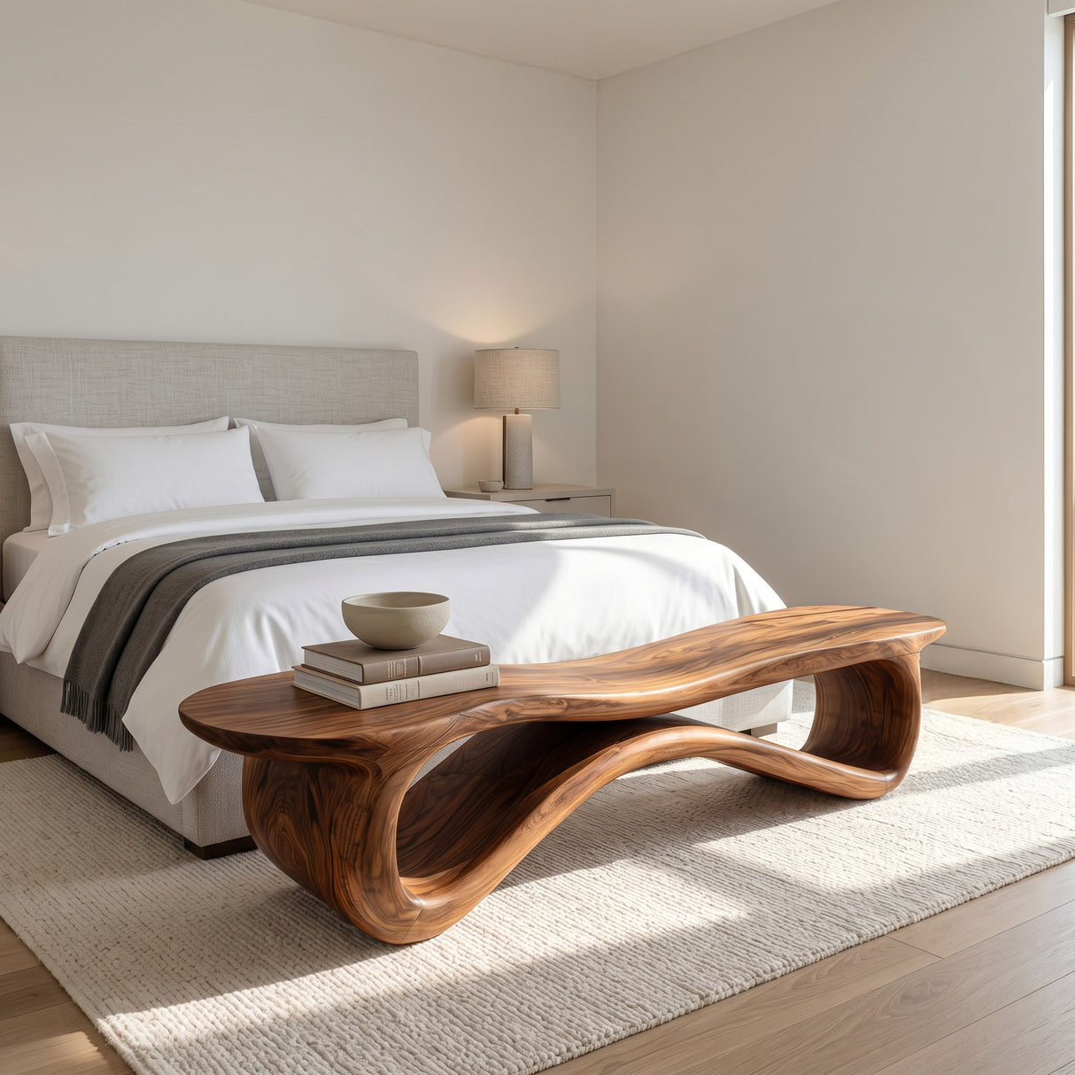 Contemporary Undulating Wooden Bench For Living Room