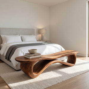 Contemporary Undulating Wooden Bench For Living Room