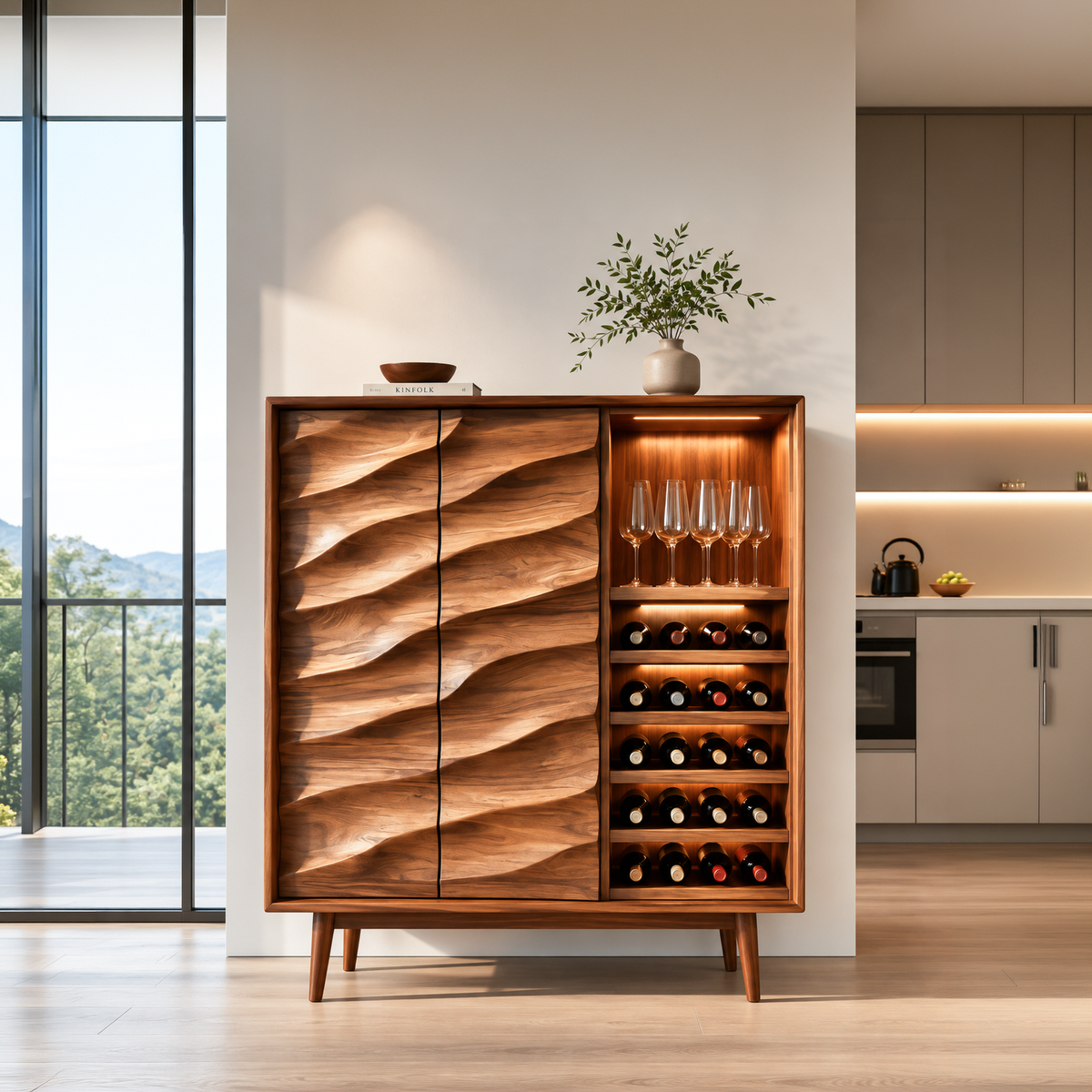 Modern Wine Cabinet With Wave Carved Doors For Kitchen Area