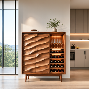 Modern Wine Cabinet With Wave Carved Doors For Kitchen Area