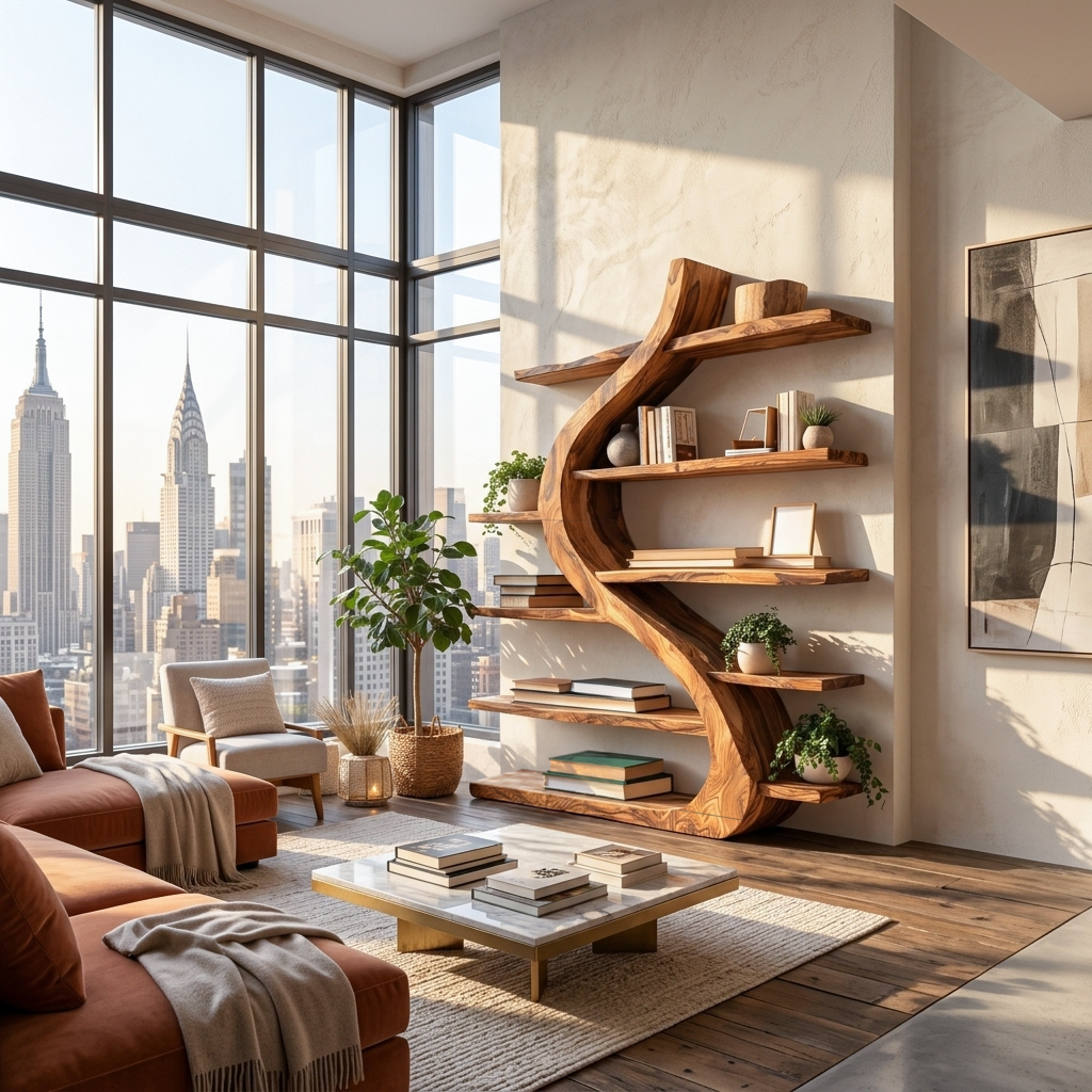 Organic Wooden Bookshelf Soft Curved Design For Home Decor