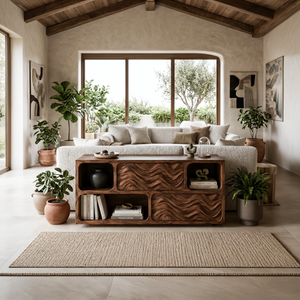 Modern Console Table With Carved Doors And Open Shelves For Entryway