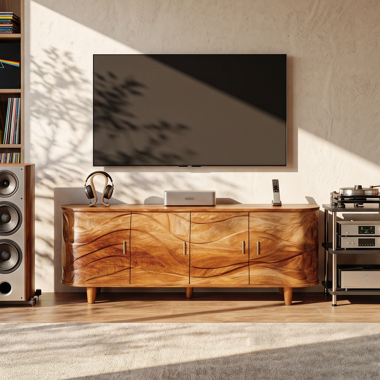 Handcrafted Wave Wood TV Stand For Media Room