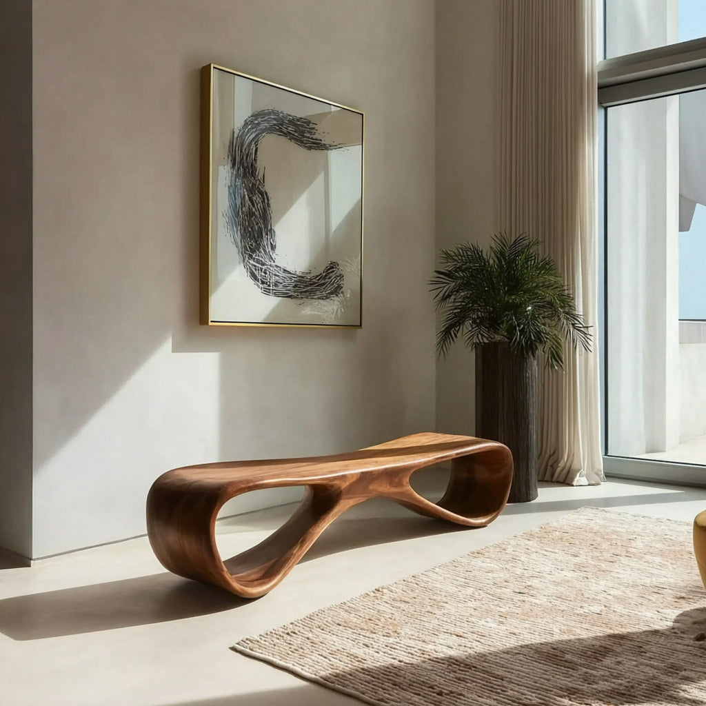 Organic Wooden Bench For Living Room Accent