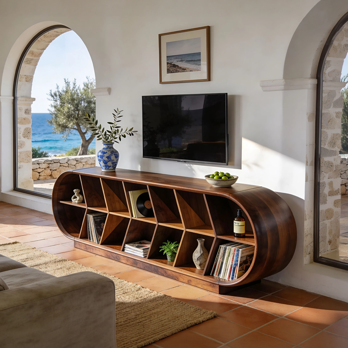 Mid Century Curved TV Stand For Luxury Suite Interior