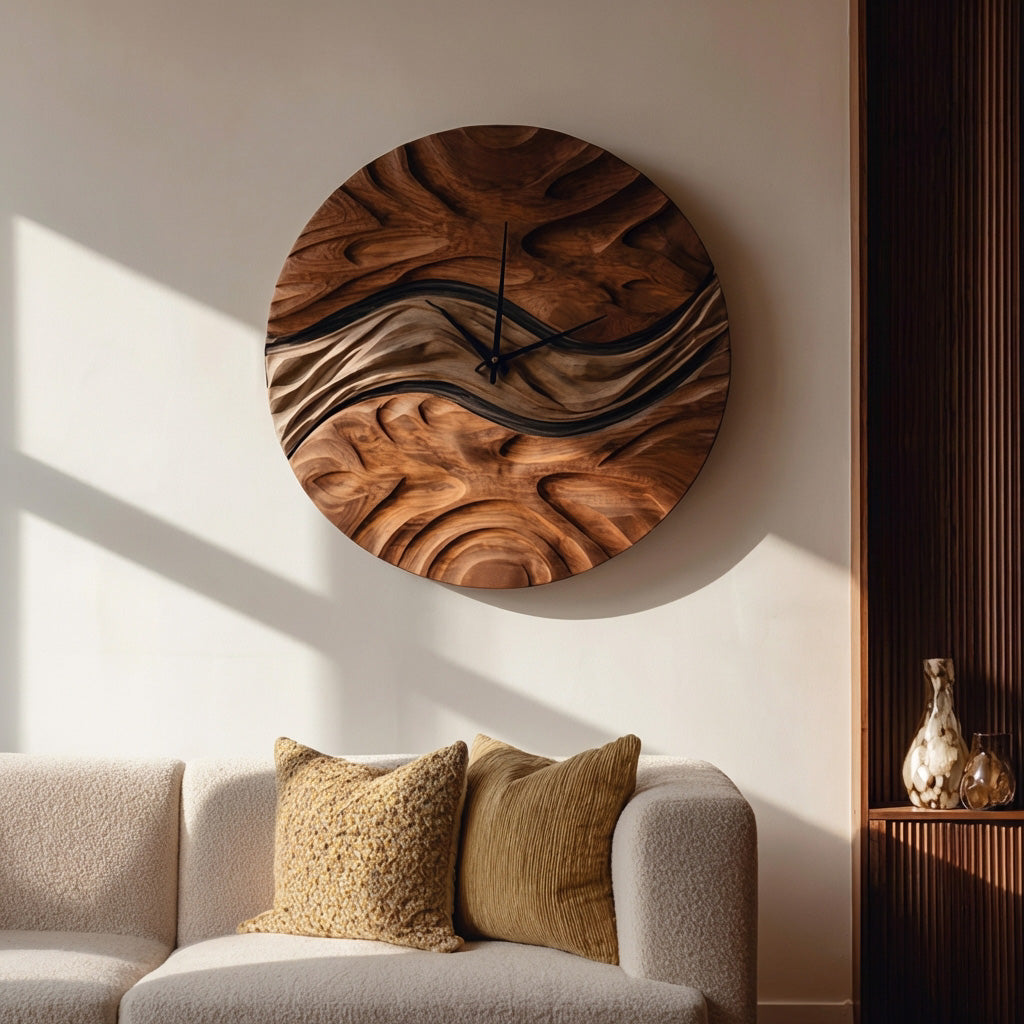 Minimal Sculptural Wooden Wall Clock For Living Room