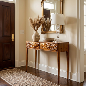 Wooden Console Table With Exquisitely Carved Front For Living Room