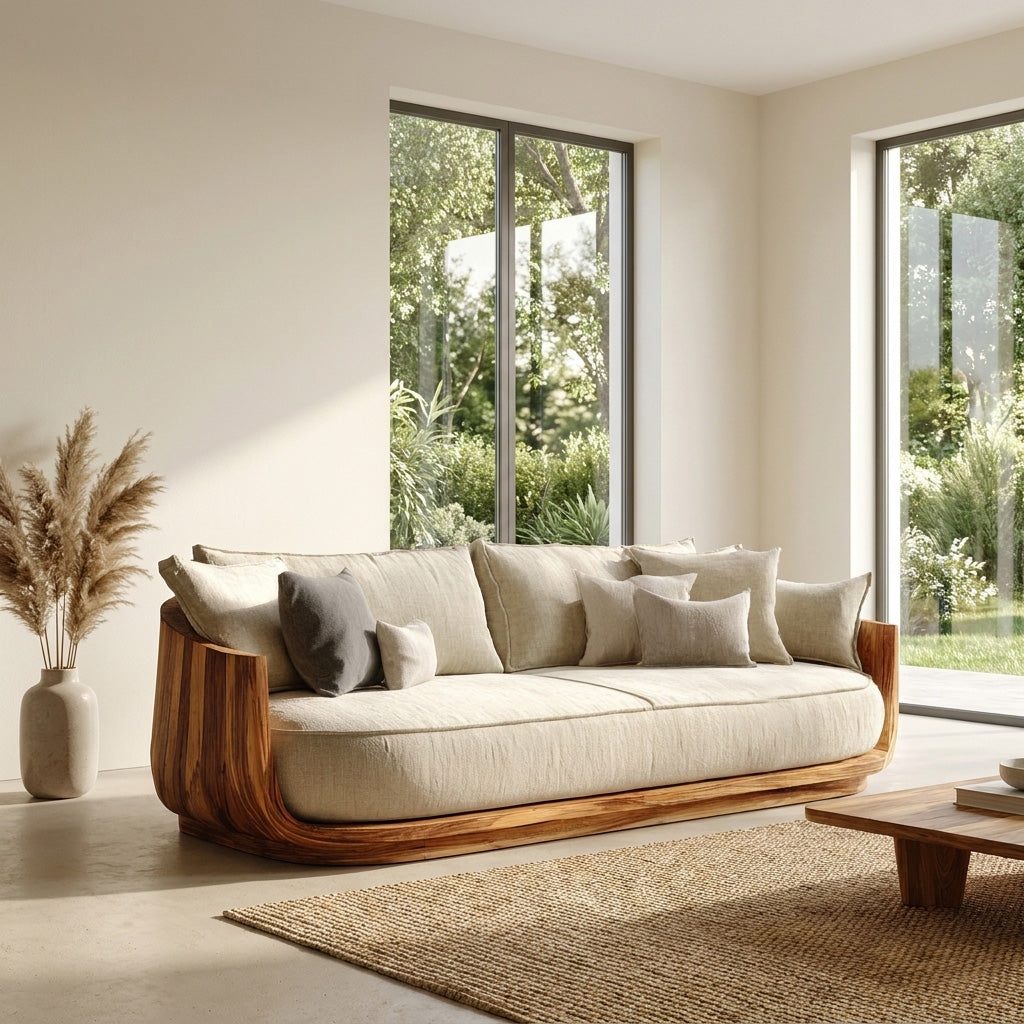 Modern Wooden Sofa With Flowing Rounded Edges For Home